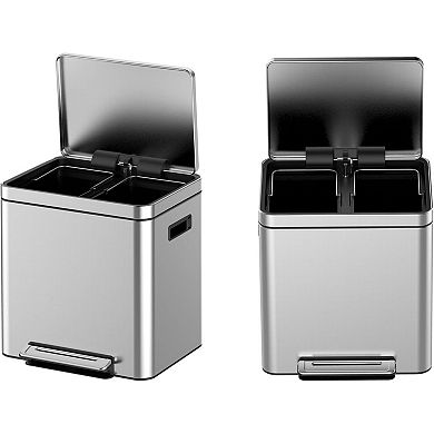 4-Gallon x2 Dual Compartment Stainless Steel Recycling Bin, Soft-Close Lids