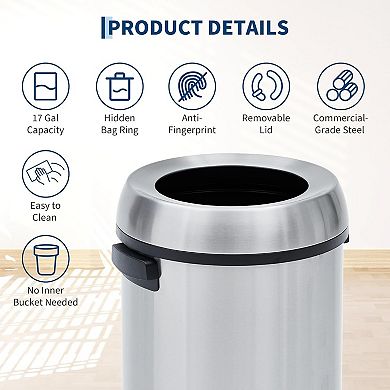 17-Gal Stainless Steel Trash Can, Heavy-Duty Fingerprint-Proof Kitchen & Commercial Bin