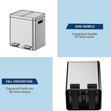 2 x 4 Gal Dual Compartment Step Trash Can, Stainless Steel with Removable Buckets