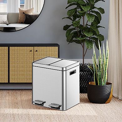 2 x 4 Gal Dual Compartment Step Trash Can, Stainless Steel with Removable Buckets