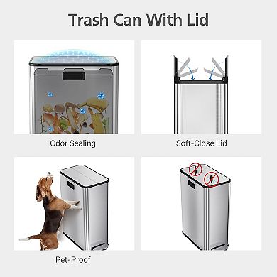 Dual Slim Trash Can: 2 x 7.4 Gal Stainless Steel Kitchen Bin with Recycling & Step-On Lid
