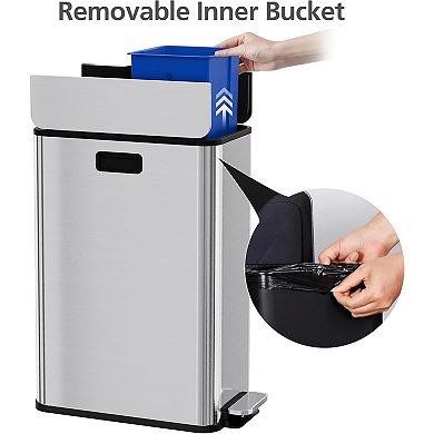 Dual Slim Trash Can: 2 x 7.4 Gal Stainless Steel Kitchen Bin with Recycling & Step-On Lid