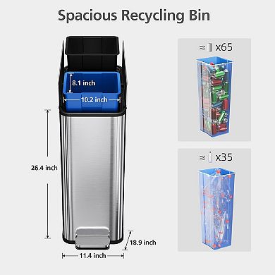 Dual Slim Trash Can: 2 x 7.4 Gal Stainless Steel Kitchen Bin with Recycling & Step-On Lid