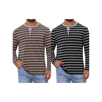 2 Packs Men's Casual Long Sleeve Tops Contrasting Colors Striped Henley T-Shirts