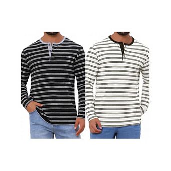 2 Packs Men's Casual Long Sleeve Tops Contrasting Colors Striped Henley T-Shirts