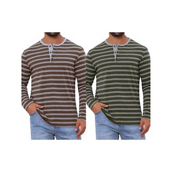2 Packs Men's Casual Long Sleeve Tops Contrasting Colors Striped Henley T-Shirts