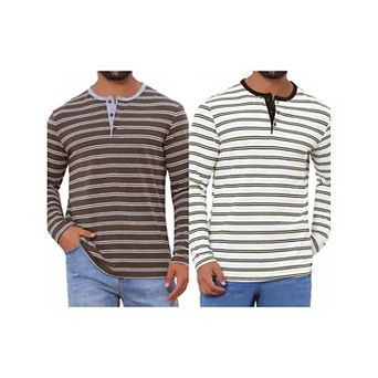 2 Packs Men's Casual Long Sleeve Tops Contrasting Colors Striped Henley T-Shirts