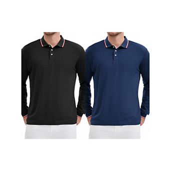 2 Packs Men's Classic Regular Fit Solid Color Long Sleeves Business Golf Polo Shirt