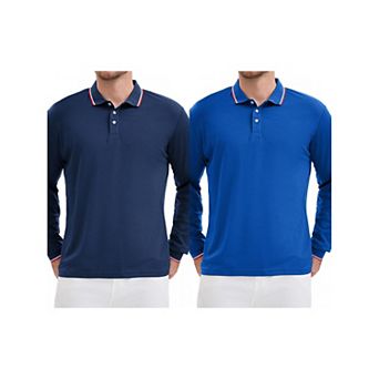 2 Packs Men's Classic Regular Fit Solid Color Long Sleeves Business Golf Polo Shirt