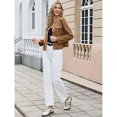 Faux Suede Cropped Jacket for Women's Collarless Long Sleeve Button Down Casual Shirt Jackets