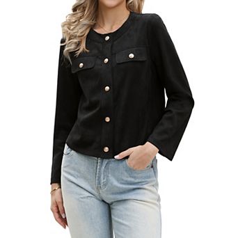 Faux Suede Cropped Jacket for Women's Collarless Long Sleeve Button Down Casual Shirt Jackets