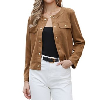 Faux Suede Cropped Jacket for Women's Collarless Long Sleeve Button Down Casual Shirt Jackets