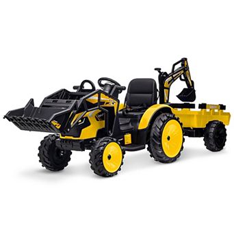 4-in-1 Ride-on Tractor with Trailer, 24 Volt Ride on Toys for Kids, Electric Tractor Vehicle, Digger