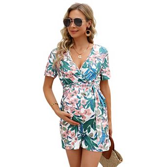 Maternity Jumpsuit Women's V Neck Short Sleeve Casual Jumpsuit High Waist Nursing Romper with Belt