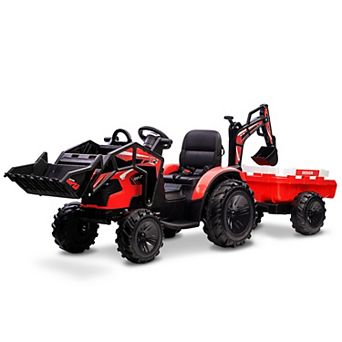 4-in-1 Ride-on Tractor with Trailer, 24 Volt Ride on Toys for Kids, Electric Tractor Vehicle, Digger