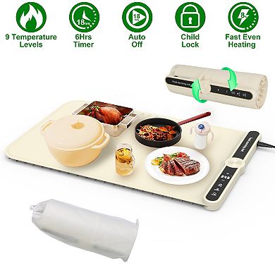 Silicone Food Warming Mat 9 Temp Levels, Timer & Auto Shut-Off