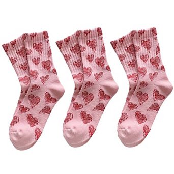 3-Pair Soft Knit Crew Socks Set with Sweet Heart Pattern and Everyday Essential Design