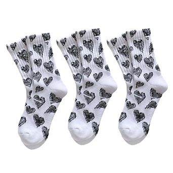 3-Pair Soft Knit Crew Socks Set with Sweet Heart Pattern and Everyday Essential Design