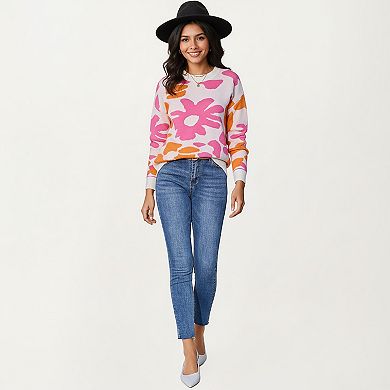 Women's Bold Floral Pattern Knit Sweater with Soft Textured Feel and Comfortable Relaxed Fit