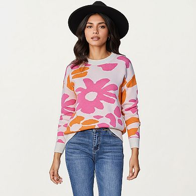 Women's Bold Floral Pattern Knit Sweater with Soft Textured Feel and Comfortable Relaxed Fit
