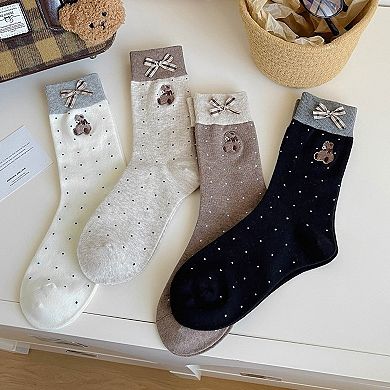 3-Pair Soft Knit Crew Socks with Embroidered Bear Detail and Decorative Ribbon Bow Trim