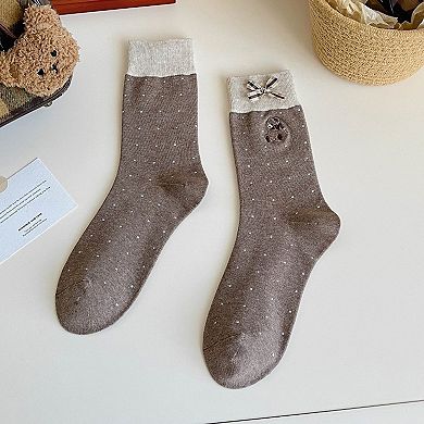 3-Pair Soft Knit Crew Socks with Embroidered Bear Detail and Decorative Ribbon Bow Trim