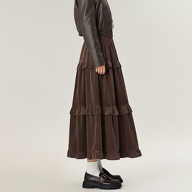 Women's Tiered Ruffle Maxi Skirt with Soft Flowing Panels, Stretch Waistband, Layered Volume