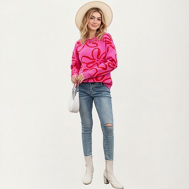 Women's Abstract Floral Pattern Knit Sweater with Relaxed Long Sleeve Pullover Design