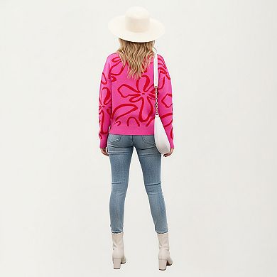 Women's Abstract Floral Pattern Knit Sweater with Relaxed Long Sleeve Pullover Design
