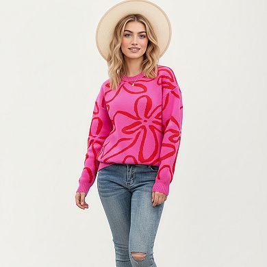 Women's Abstract Floral Pattern Knit Sweater with Relaxed Long Sleeve Pullover Design