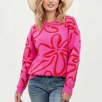 Women's Abstract Floral Pattern Knit Sweater with Relaxed Long Sleeve Pullover Design