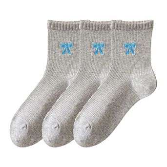 3-Pair Soft Knit Ankle Socks with Ribbed Texture, Embroidered Bow Detail and Comfortable Stretch Fit