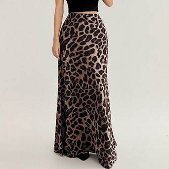 Women's Leopard Print Maxi Skirt with Soft Draping Silhouette and Smooth Stretch Waist