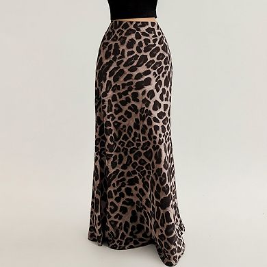 Women's Leopard Print Maxi Skirt with Soft Draping Silhouette and Smooth Stretch Waist