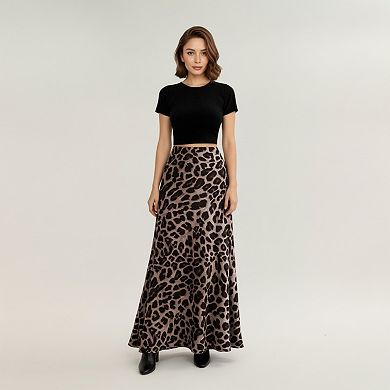 Women's Leopard Print Maxi Skirt with Soft Draping Silhouette and Smooth Stretch Waist