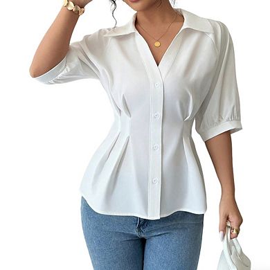 Womens Short Sleeve Collar Slimming Waist Button Casual Elegant Shirt