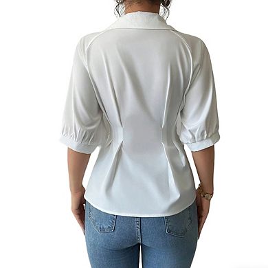 Womens Short Sleeve Collar Slimming Waist Button Casual Elegant Shirt