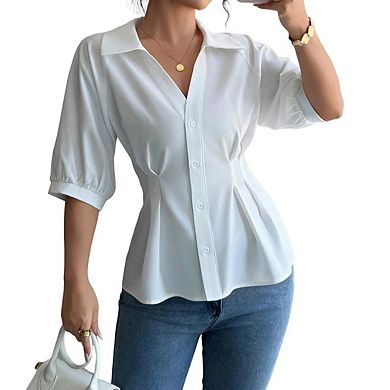 Womens Short Sleeve Collar Slimming Waist Button Casual Elegant Shirt