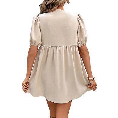 Womens Elegant Puff Sleeve Bow Cutout Neck A Line Dress