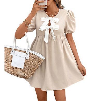 Womens Elegant Puff Sleeve Bow Cutout Neck A Line Dress