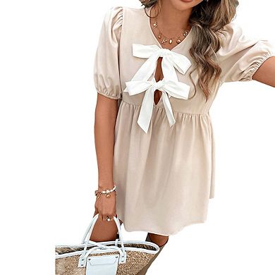 Womens Elegant Puff Sleeve Bow Cutout Neck A Line Dress