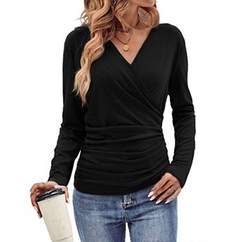 Women's Fall Casual Long Sleeve Shirt Wrap V Neck Ruched Smocked Top Business Work Soft Blouse