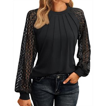 Womens Fall Lace Long Sleeve Casual Shirts Crew Neck Tops Business Work Soft Outfits Clothes Blouses