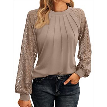 Womens Fall Lace Long Sleeve Casual Shirts Crew Neck Tops Business Work Soft Outfits Clothes Blouses