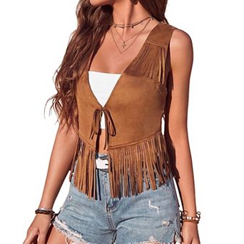 Women's Fringe Vest Open Front Sleeveless Front Tied Jacket