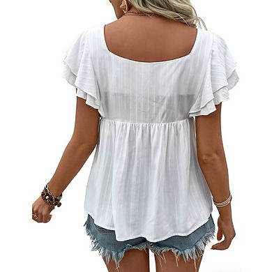 Womens Square Neck Ruffle Short Sleeve Casual Print Babydoll Top