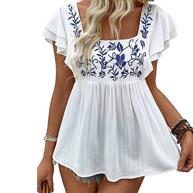 Womens Square Neck Ruffle Short Sleeve Casual Print Babydoll Top