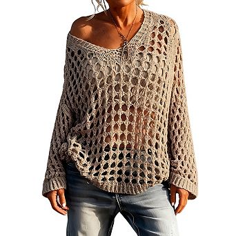 Womens V Neck Long Sleeve Hollow Out Knit Cover Up Beach Shirt Top
