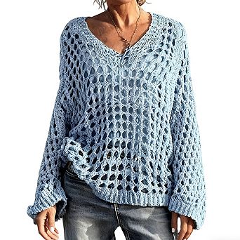 Womens V Neck Long Sleeve Hollow Out Knit Cover Up Beach Shirt Top