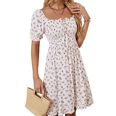 Womens Square Neck Floral Print Smocked Ruffle Elegant Midi Dress